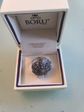 Sterling Silver Textured Dome Ring in Dark Silver